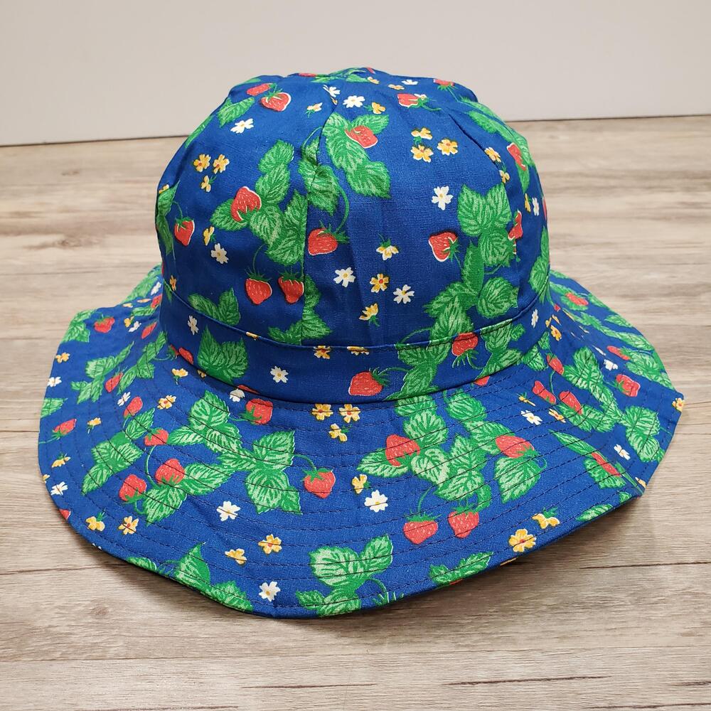 Pappagallo Hat Sun Fitted Womens 6 7/8 Blue Strawberry Floral Wide Brim Summer